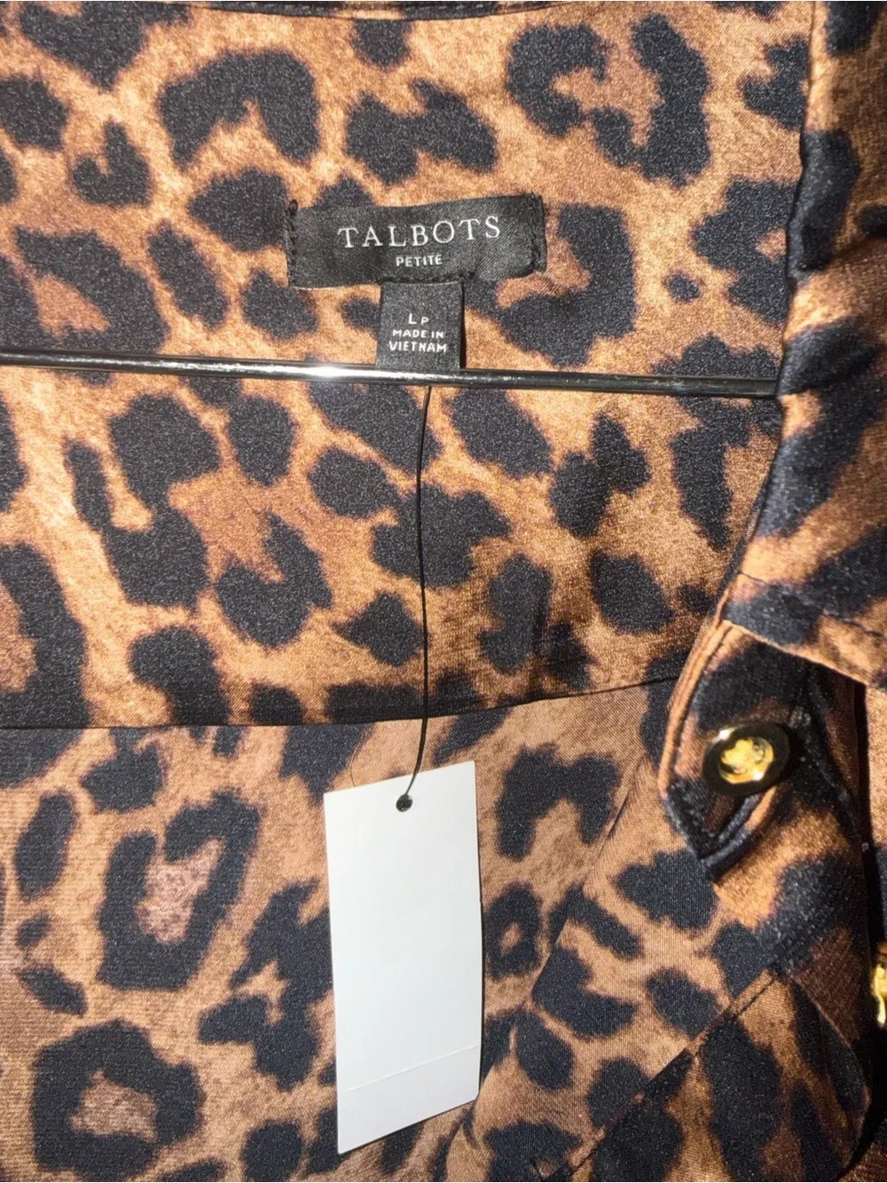 Talbots Leopard Print Satin Button-Up Blouse - Brown & Black, Large Petite